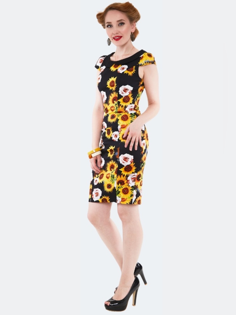 Voodoo Vixen Sunflower Wiggle Dress, Black, Yellow, White, L, NWT 🌻